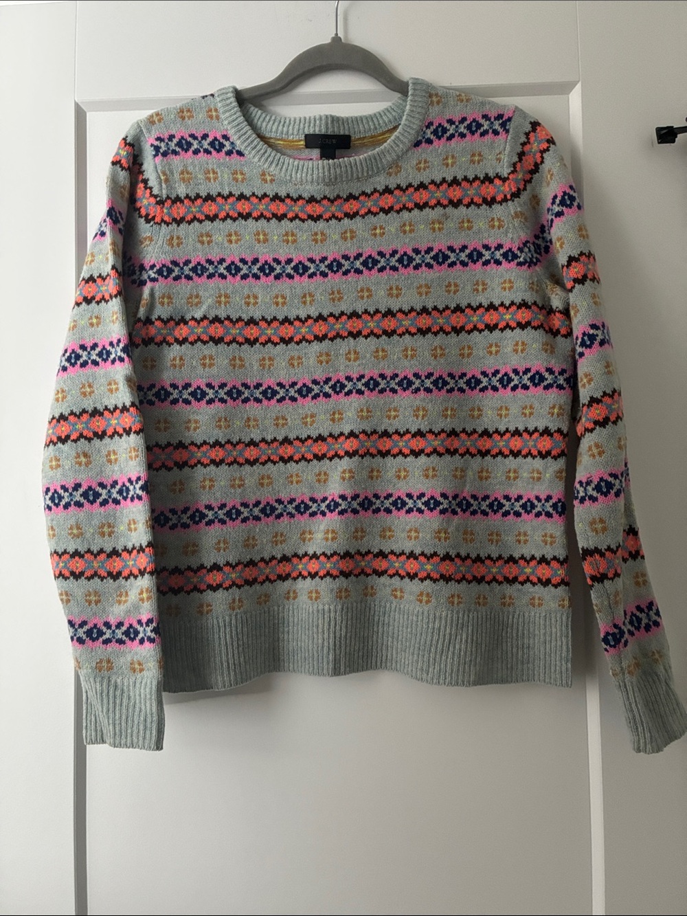 J.Crew—Fair Isle Crewneck Sweater - Light Gray with Pink & Orange Pattern